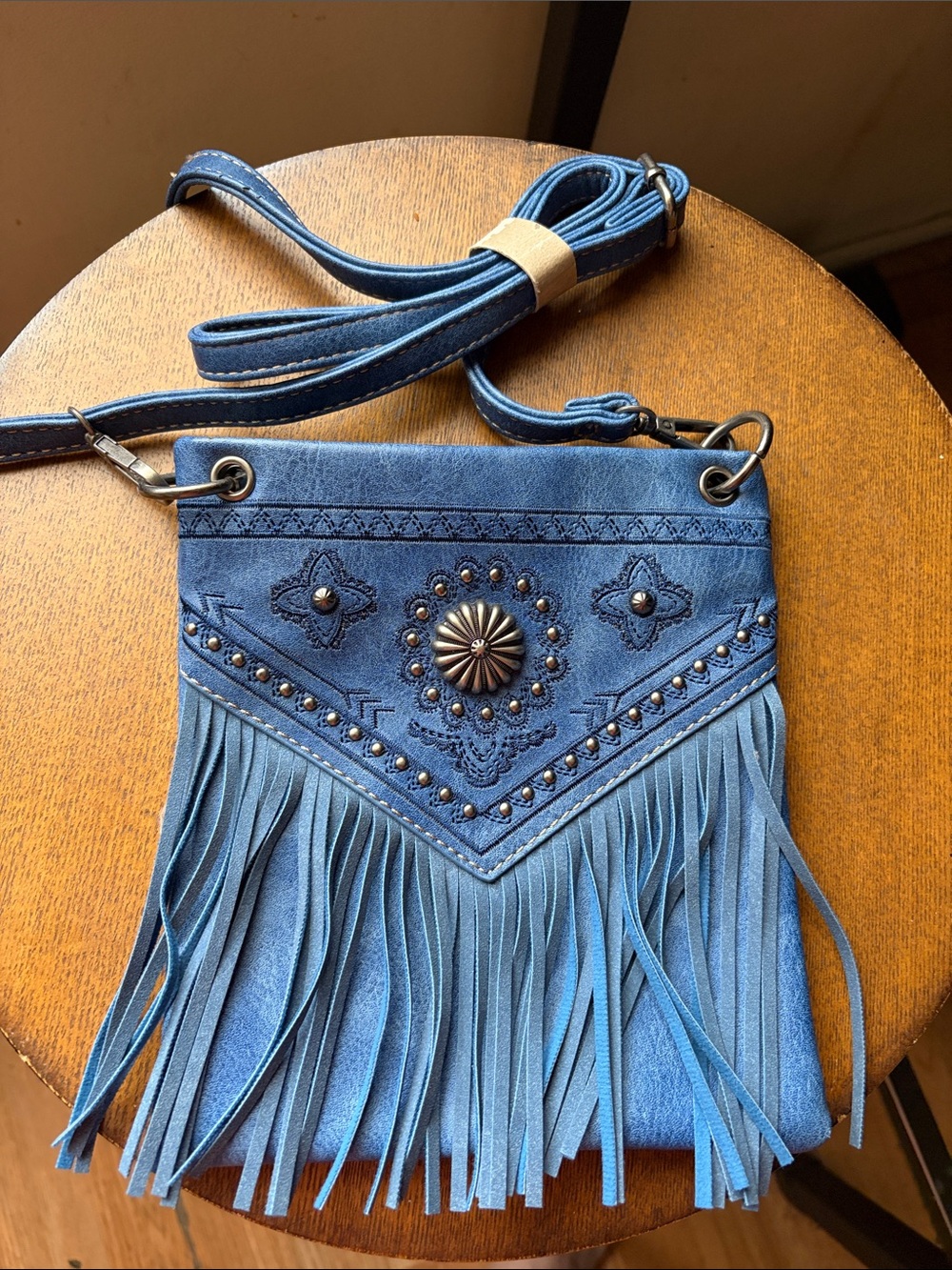 Blue Fringe Crossbody Bag with Decorative Stud Concho